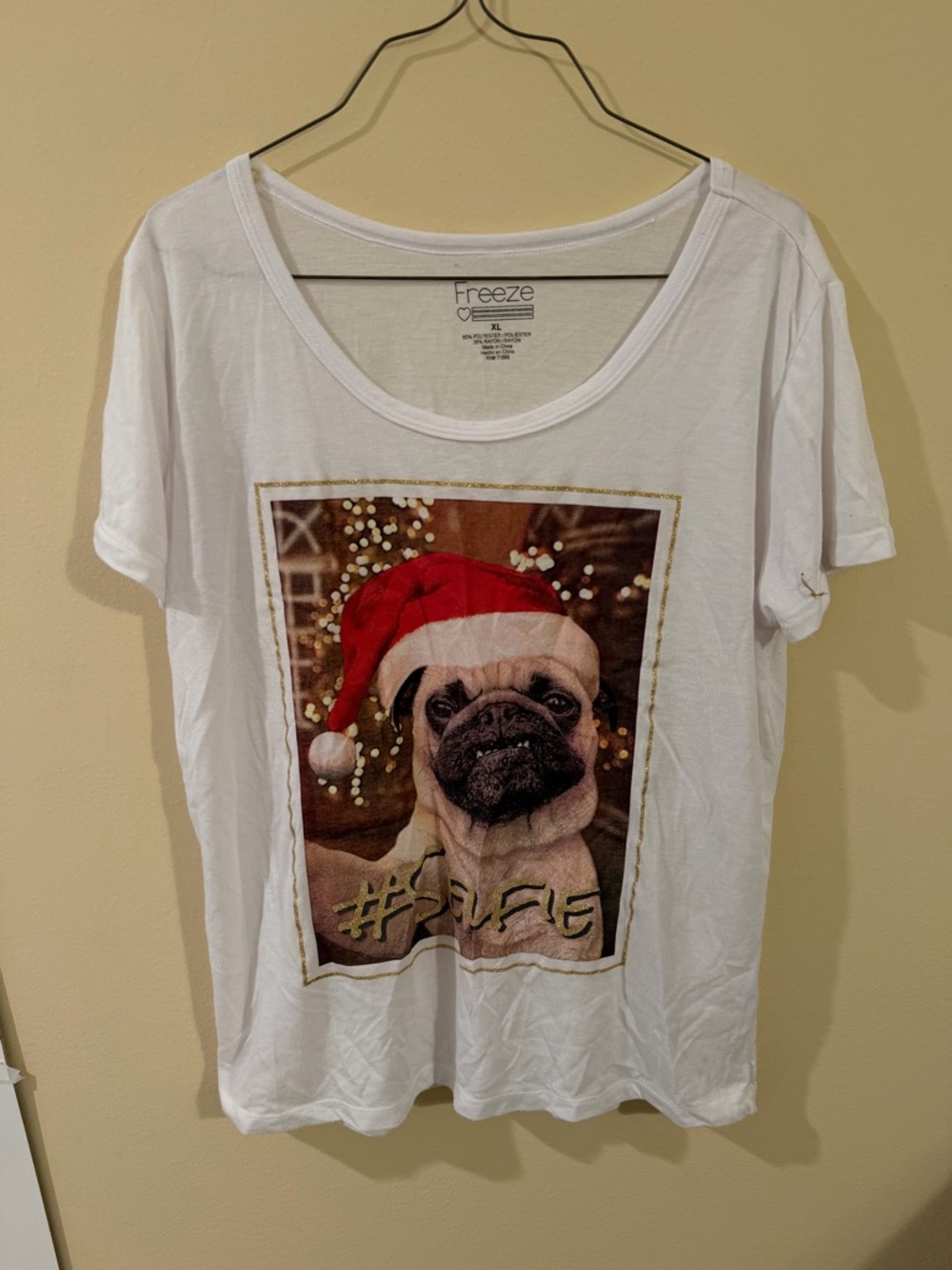 Freeze White Tee with Red Santa Hat Pug Graphic